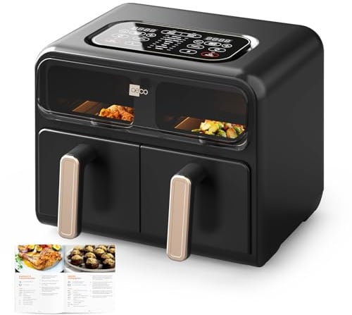 aeco ELITE Duo 8L XL AirFryer 2 Kammern 2400W Dual Zone Heißluftfritteuse | mit Sichtfenster, 4L + 4L, Sync-Funktion, zum Braten, Backen & Grillen, Antihaftbeschichtung, spülmaschinenfeste Körbe