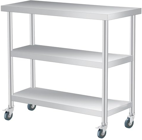 Garvee Arbeitstisch Edelstahl 91x 46 x 86 cm, 3 Ebenen Küchentisch Zubereitungstisch, 920 kg Tragkraft, Mit 4 Rädern, Edelstahltisch Für Gewerbliche Restaurants Outdoor Küche