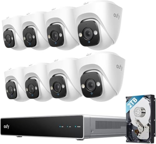 eufy PoE NVR Security System E41, Überwachungskamera Außen, Farbnachtsicht | 4× 4K 8MP Turret-Kameras, smarte KI-Videosuche, KI-Erkennung, 2TB HDD, PoE IP-Kamera, verkabelte Außenkamera, 122° Weitwinkel