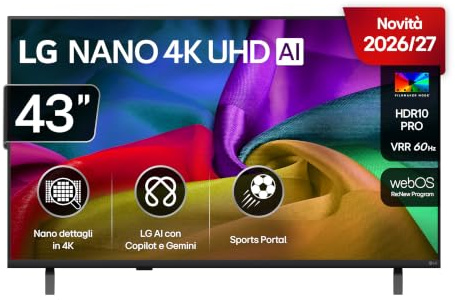 LG NANO AI UHD 43 Pollici, Serie NU8E 2026 Smart TV 4K - 43NU8E0B3LA | Processore con Nano Detail Enhancer, AI Chatbot, AI Concierge, HDR10 Pro, Filmmaker Mode, Design Linear Flow, 3 HDMI