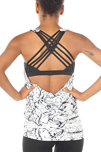 icyzone Damen Sport Tops mit Integriertem BH - 2 in 1 Yoga Gym Shirt Fitness Training Tanktop (S, Chinese Ink)
