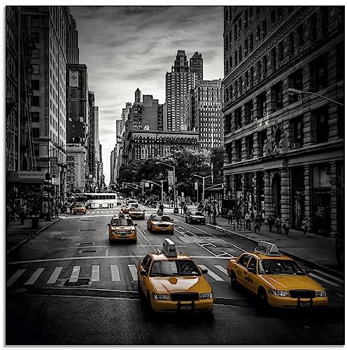 ARTland Wanddeko Glasbilder Wandbild Glas Bild einteilig 40x40 cm Quadratisch Amerika New York City Manhattan Avenue 5 Schwarz Weiß Verkehr Taxi S8PV