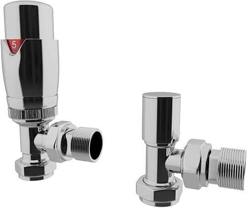 HB Signature Thermostatic TRV Brass Chrome Radiator Valves + Lockshield 1/2 x 15mm Pack Angled
