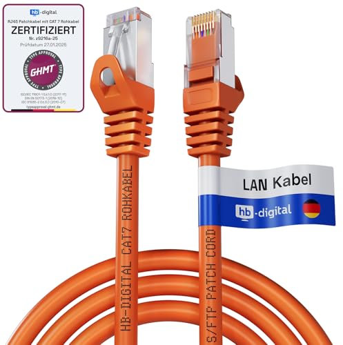 HB-DIGITAL 5m LAN Kabel CAT 7 Rohkabel RJ45 S/FTP Netzwerkkabel Ethernet Patchkabel bis zu 10 Gbps 600 MHz Kupfer Profi PiMF Kupfer für Patchpanel Switch Router Modem - Orange