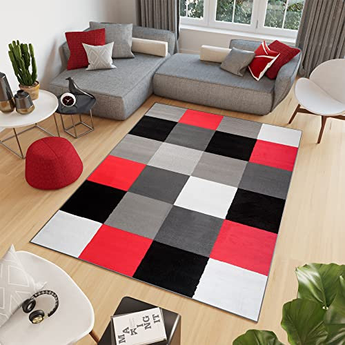 TAPISO Fire Tapis de Salon Chambre Design Moderne Rouge Noir Gris Blanc Carreaux Géométrique Poil Court 80 x 150 cm