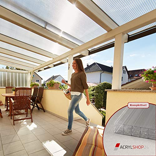 Acrylshop24 Terrassendach Terrassenüberdachung Carport Komplettset Polycarbonat 16mm X-Struktur Stegplatten farblos 16mm Stegplatten Tiefe:3000mm|Breite:7130mm - Mehrere Maße verfügbar