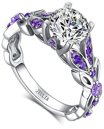 Jeulia 4,3 carats personnalisé bagues papillon en argent sterling pour les femmes violet améthyste mariée coupe ronde mariage fiançailles éternité promesse bague ensemble (54(17.3))