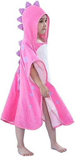LOLANTA Kinder Badeponcho Dinosaurier, Kapuzen Dinohandtuch Poncho,Weich Frotté Strandtuch,100% Baumwolle（Rose B，5-7 Jahre,Etikettengröße M