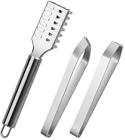Aprilye 3 Pcs Fish Scale Scraper Set, Stainless Steel Fish Scale Remover with Fish Bone Tweezers for Chef Cooking Utensils