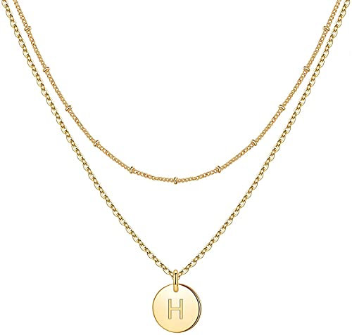 Minegreet Gold Initial Necklaces for Women,14K Gold Filled Hammered Gold Coin Necklaces for Women Initial Necklace Layered Initial Necklaces for Women Teen Girl Jewelry(H)