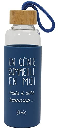 Le Fabuleux Shaman 41-2X-011 Gourde Bouteille de transport avec housse et dragonne Un génie sommeille en moi Mais il dort beaucoup Transparent beige bleu Verre bambou silicone 500 ml D6,8 x H21,5 cm