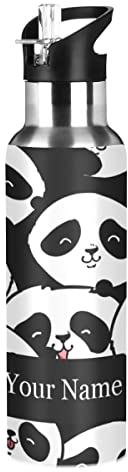 Botella de agua personalizada Panda Bear Happy Animal Inoxidable Personalizada Su nombre Botella de agua aislada al vacío Botella de agua estándar con mango ancho