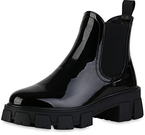 VAN HILL Damen Stiefeletten Plateau Boots Blockabsatz Profilsohle Schuhe Freizeit Booties Plateauschuhe 207069 Schwarz Plateau 39