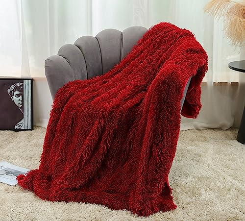 Freyamy Warme Flanell Kuscheldecke 80x120cm Weinrot Langhaar Microfaser Kunstfell Wurfdecke Flauschig Kunstpelz Wohndecke Wende Felldecke Sofa Decke TV-Decke Klimaanlage Decke Plüsch Tagesdecke