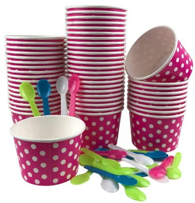 MMvolesy 170 ml rosa Papier-Eisbecher mit Punkten, Einweg-Dessertbecher, Eisschalen für kalte oder heiße Speisen, Papier-Dessertbecher und farbige Pappbecher für Suppen, 50 Stück mit Löffel