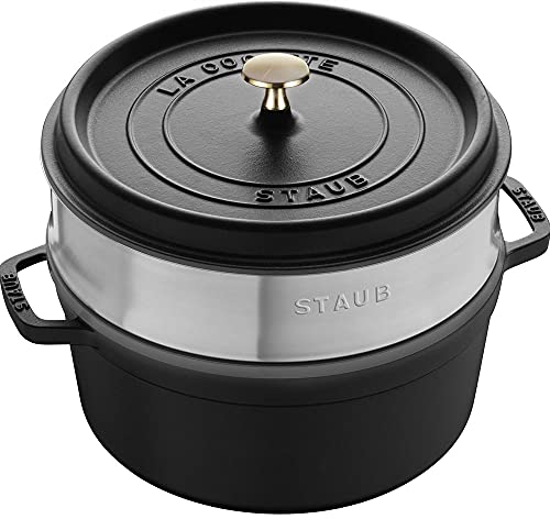 STAUB Gusseisen Cocotte rund mit Dampfgarer 24 cm schwarz