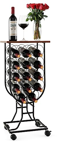 KOMFOTTEU Weinregal mit Rollen, Weinständer für 14 Flaschen, Servierwagen aus Metall mit Holzoberfläche, Flaschenregal Flaschenhalter für Bar, Küche
