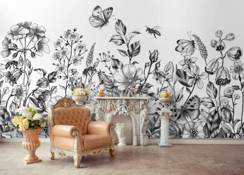 Papier Peint Panoramique Fleur Noir Et Blanc Style Croquis 3D Poster Mural pour Salon Chambre Décoration Murale