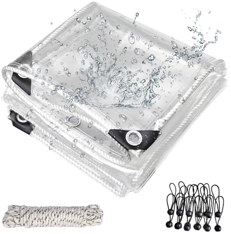 Lona transparente con ojales para exteriores,OKYUK lona transparente de PVC de 420 g/m², con 20 bridas, 12 bandas de goma con bolas, 10 m de cuerda de fijación adecuada para pabellones, terrazas(3x3m)