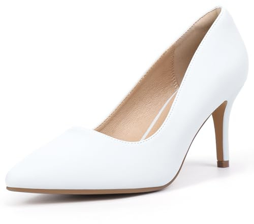 IDIFU White High Heels Pumps Closed Toe Heels Women's Pumps Stiletto Pointed Toe Dress Shoes Wedding Prom Bridal Work Office Bride Trendy Dressy Comfortable Classic Pumps Shoes(White Pu,7.5)