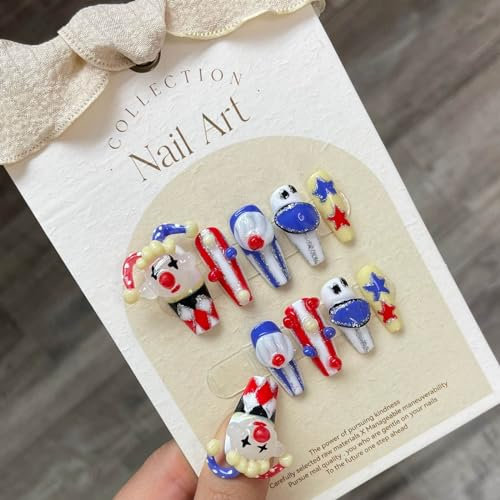 Real Gel Handmade Halloween Clown Press On Nails Gems Coffin Fake Nails With Designs Glossy False Nails for Women and Girls (Clowns-XS)