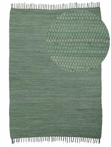 carpetfine Flickenteppich Kelim Chindi Uni Grün 70x140 cm, handgewebt | Fleckerlteppich aus Baumwolle für Wohnzimmermit Fransen