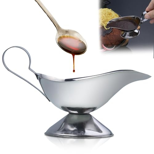 WANDGU Salsiera in acciaio inossidabile: elegante brocca per salsa argentata, 250 ml, con manico, in acciaio inox 304, salsa termica per salsa, condimenti per insalata, crema, brodo di latte, lavabile