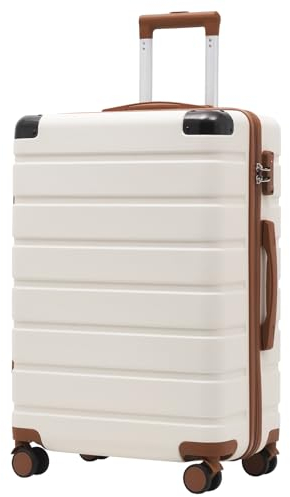 COOLIFE Koffer Trolley-Koffer Hartschalen-Koffer Rollkoffer Reisekoffer von ABS-Material mit TSA-Schloss Teleskopgriff und 4 Zwillingsrollen (Weiß/Braun, Mittelgroßer Koffer)