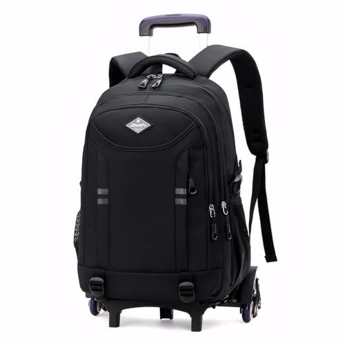 Amythe Schulrucksack Jungen mit Rollen, Abnehmbare Trolley Rucksack Teenager Schulranzen Jungen für Schule/Reise, 6 Rädern, 3-5-7. klasse, Lässig Daypack 16 Zoll, Schwarz