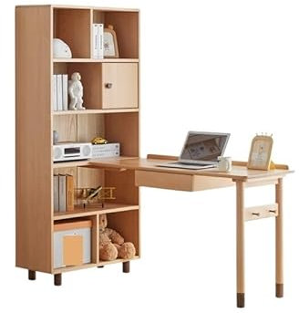 LAPADULA Computertisch Massivholz-Schreibtisch und Bücherregal integrierter einfacher Eckschreibtisch aus Buche for Zuhause, Schlafzimmer, Arbeitszimmer Stabiler Büroschreibtisch(1320 * 800 * 1720mm)