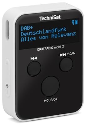 TechniSat DIGITRADIO mobil 2 – Portables DAB+/FM Mini-Radio mit integriertem Akku (wiederaufladbares Taschenradio, Kopfhörer, OLED Display, Favoritenspeicher) schwarz/weiß