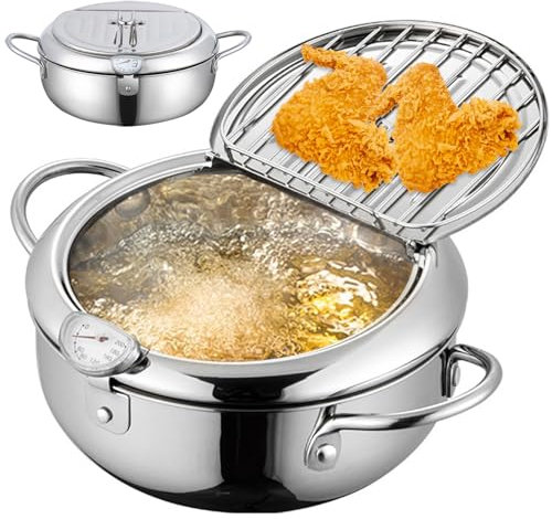Marmite Friteuse Japonaise 2,2 L En Acier Inoxydable Janpanese Tempura Avec Température Et égouttoir à Huile, Petite Marmite De 20 Cm Avec Poignées Pour Cuisine, Poisson, Crevettes, Frites