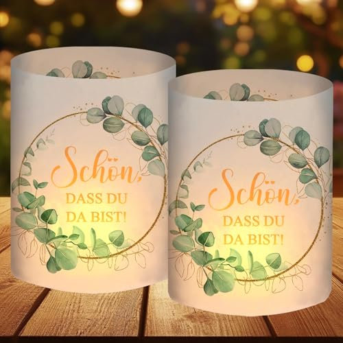 12 Windlicht Tischdeko Geburtstag, Hochzeit, Kommunion,Firmung, Taufe, Konfirmation, Jugendweihe, Schön DASS du da bist, Eukalyptus Grün Deko Erstkommunion Junge Mädchen, Geeignet für Teelichter
