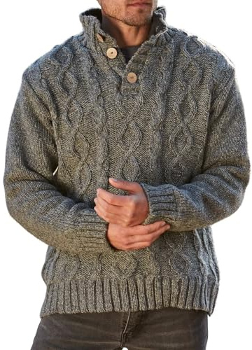 Pachamama Men Wool Jumper Fleece Lined Handknitted Cable Pattern Plain Colour Handmade Thick Thermal Extra Warm Long Sleeve Half Button Pullover Sweater Fair Trade
