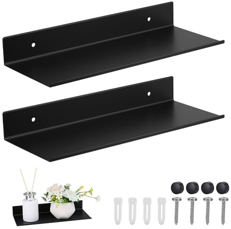 JIZZU 2 PCS Étagère Murale en Métal, Moderne Décorative Etagere Murale Noir, Etagère Flottante en Métal pour Salon, Chambre, Salle de Bain, Cuisine, Etagere Douche-Noir