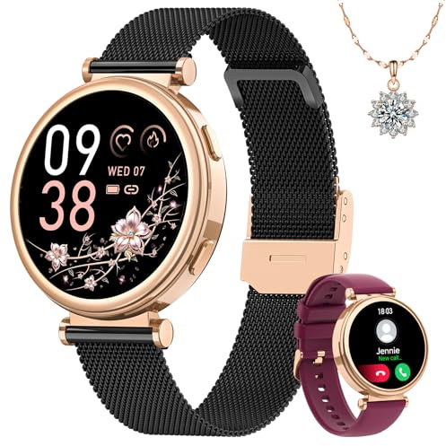 Sanorum Smartwatch Damen, 1.27 HD Voll Touchscreen Armbanduhr mit Telefonfunktion, Geschenk Menstruationszyklus SpO2 Pulsuhr Schrittzähler Kalorien Fitness Tracker IP68 iOS Android Roségold Schwarz