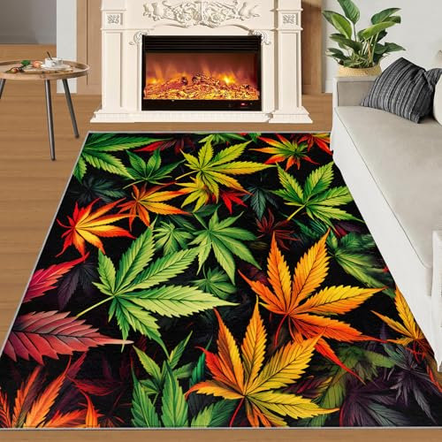 SANSJI Marihuana-Teppich, 120 x 170 cm, bunte Cannabisblätter, rutschfeste Teppiche, Wohnzimmer, Aquarell, waschbar, Teppich, Unkraut-Teppich, botanisch, schmutzabweisend, Teppich für Zuhause und Büro