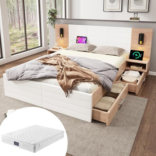 Holzbett Bettanlage Mit Matratze 160x200 Doppelbett mit 2 Schubladen,integriertes Kopfteil mit 2 LED Nachtkommoden & USB Ladefunktion,Jugendbett Stauraumbett Funktionsbett mit Lattenrost,Weiß+Eiche