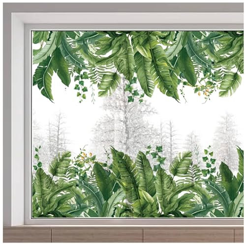 GORGECRAFT 116x38cm Große Fensteraufkleber Mit Tropischen Blättern Fensteraufkleber Mit Grünen Pflanzen Wiederverwendbarer Statischer Fensteraufkleber Nicht Klebende Doppelseitige Glasfolie Für Die De