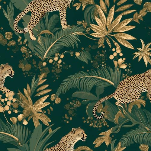 JIAOQSS Self Adhesive Wallpaper Dark Green Tropical Palm Leaf Stick on Wallpaper Forest Animal Leopard Removable Waterproof Sticky Back Wallpaper for Cabinet Wall Bedroom