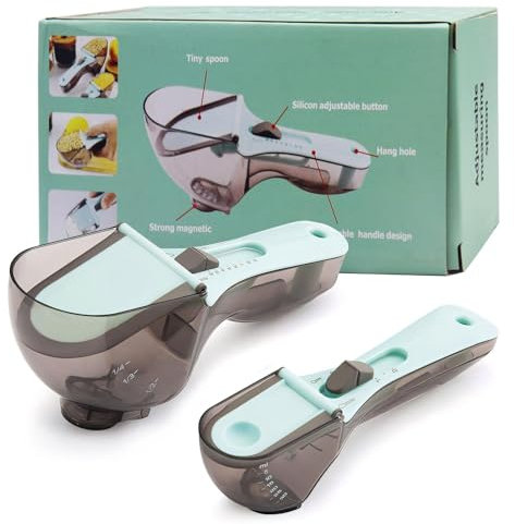 Set enthält 2 verstellbare Messlöffel für Flüssigkeiten und Lebensmittel, Backwaren, perfekt zum Abmessen von flüssigen oder trockenen Zutaten, platzsparend. Küche Kochen Gadgets (Blau)