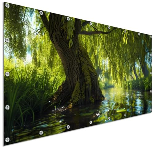 TRIOSK Sichtschutz Balkon Deko Plane Balkonblende Blickdicht mit Motiv Natur Baum Weide Wasser Fluss für Garten Terrasse Gartenzaun Balkonverkleidung Blickschutz PVC groß 200x100 cm