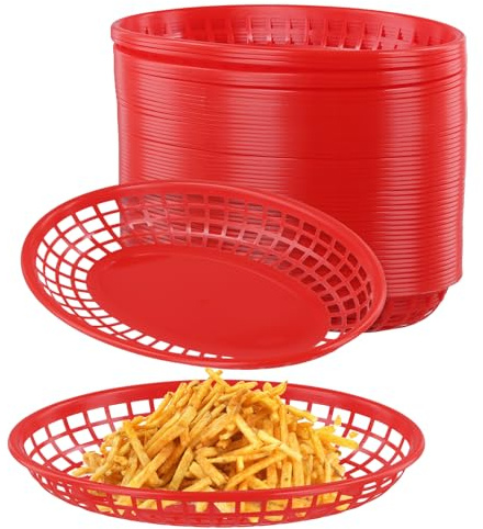 PUCSIQ 50 Stück Fast Food Korb Rot, Oval Servierkörbe Kunststoff, Brotkorb Klein Rot, Pommes Körbchen Lebensmittelkörbe für Burger, Sandwiches, Hotdog, Pommes