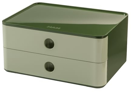 HAN Schubladenbox Allison SMART-BOX mit 2 Schubladen und Trennwand, Kabelführung, stapelbar, Utensilienbox für Büro, Schreibtisch Küche, möbelschonende Gummifüße, 1120-41, hochglänzed hellgrün