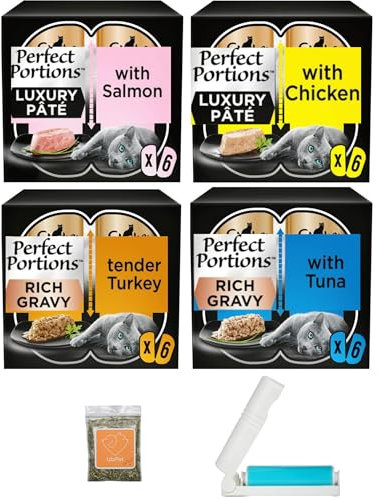 Cat Food Bundle with Portions Pate and Gravy Including Chicken, Turkey, Salmon and Tuna (6x37.5 grams each) Total of 24 Trays,1x UbiPet Catnip and a Lint Roller