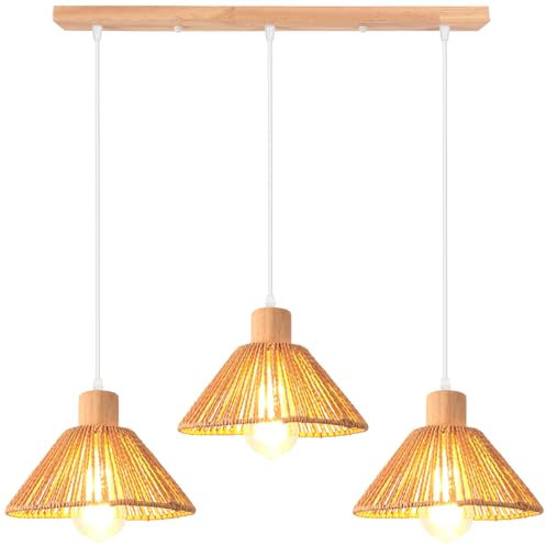 iDEGU 3 Luces Lámpara Colgante de Ratán Madera, 22cm Vintage Lámpara de Techo Moderna Estilo Boho Tulipa en Madera y Cuerda Cáñamo E27 Luz Colgante Retro para Comedor Cocina Salón (Marrón)