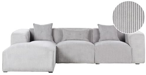 Beliani Modernes Ecksofa in Hellgrau mit 3 Zierkissen Cordbezug Eckcouch rechts Dolva