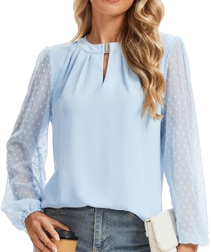 HANERDUN Camicia da Donna con Maniche Lunghe in Pizzo Top in Chiffon Scollo Rotondo Elegante Camicia Casual Tunica alla Moda per Primavera Estate