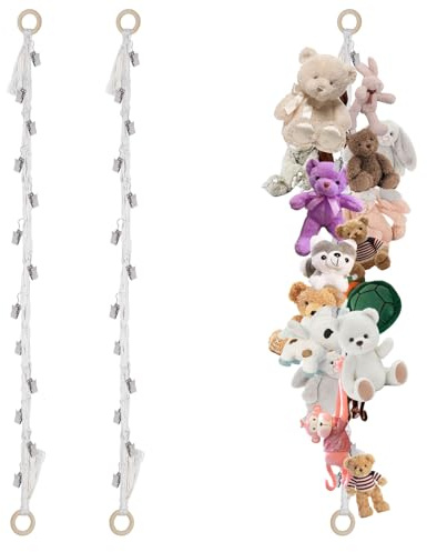 2 Stück Kuscheltier Aufbewahrung mit 40 Metallklammern – Stofftier Aufbewahrung Kuscheltiere, Boho Kuschelecke Kinderzimmer Deko zum Aufhängen von Plüschtieren, Socken und Spielzeug