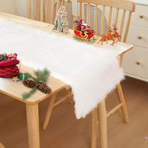 DASIAUTOEM Modern Tischläufer Tischdeko, Kunstfell Tischläufer Fell, 30x120cm Weiß für Weihnachten Küche Schminktisch Couchtisch, Neujahr Tisch Dekoration Drinnen Urlaub Party Dekor